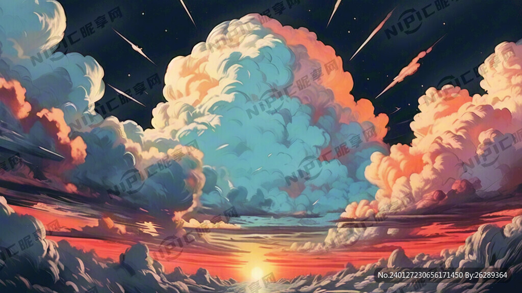 复古   夕阳云彩   插画