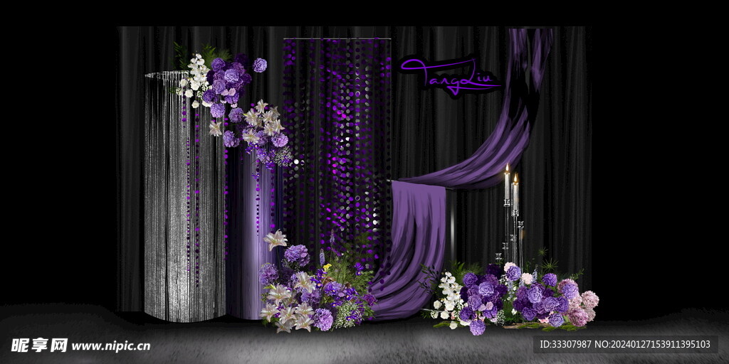 黑紫亮片婚礼迎宾区手绘设计效果