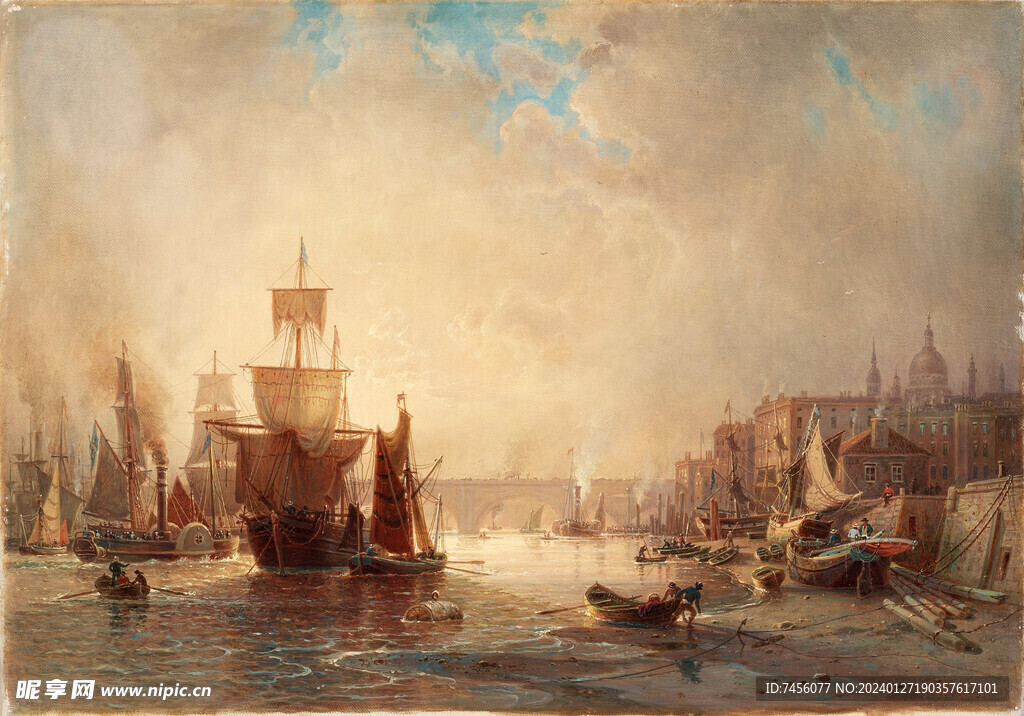复古航海船油画风景画