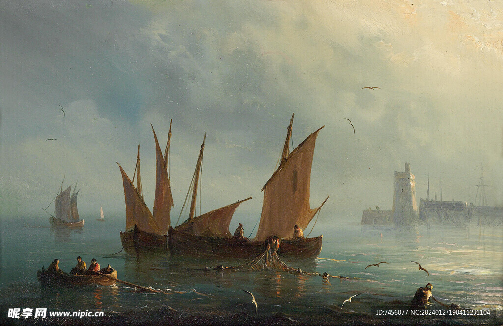 水中帆船油画风景画