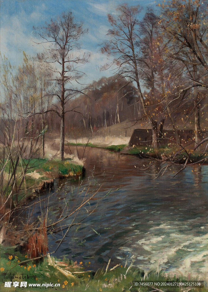 河流大树油画风景画