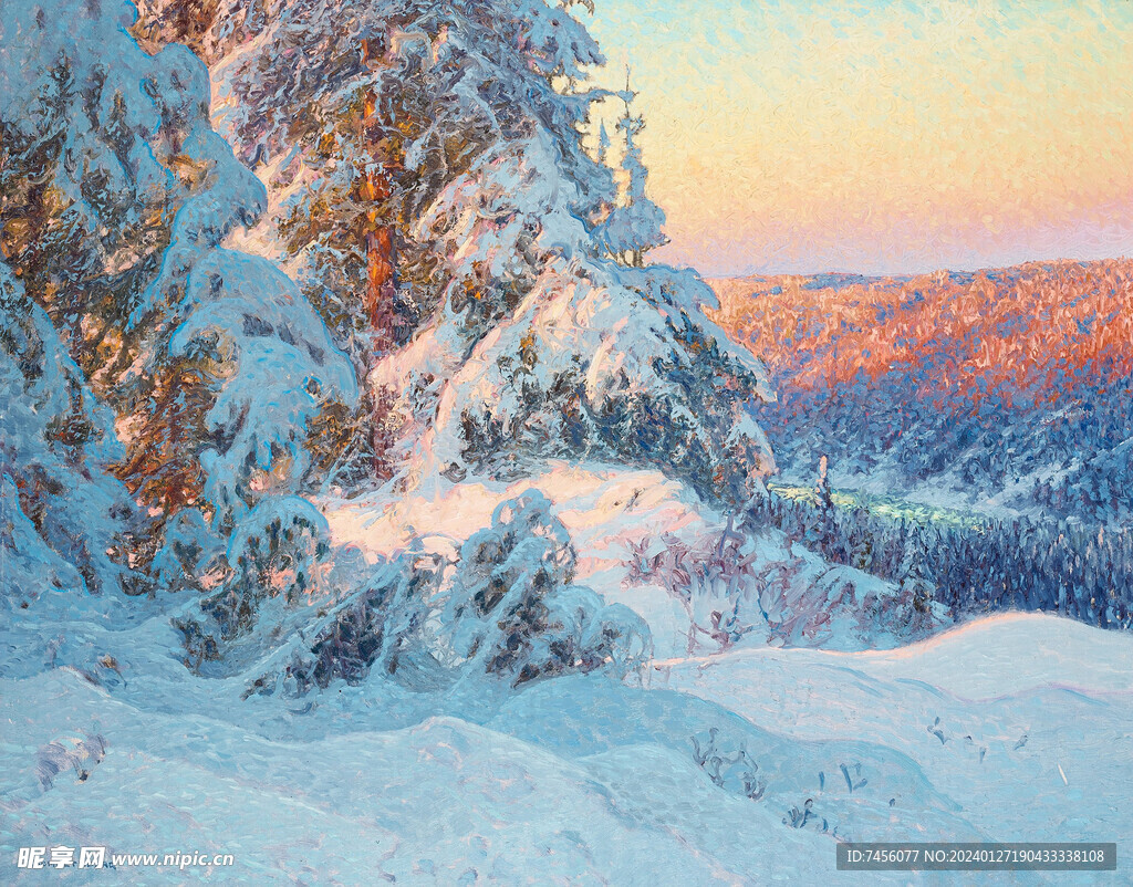 雪山唯美油画风景画