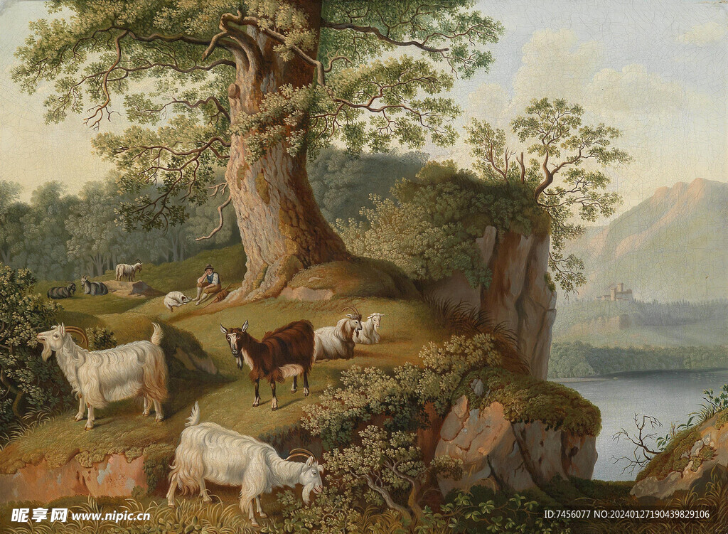 山羊大树油画风景画