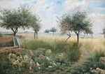 水彩树小路风景画油画