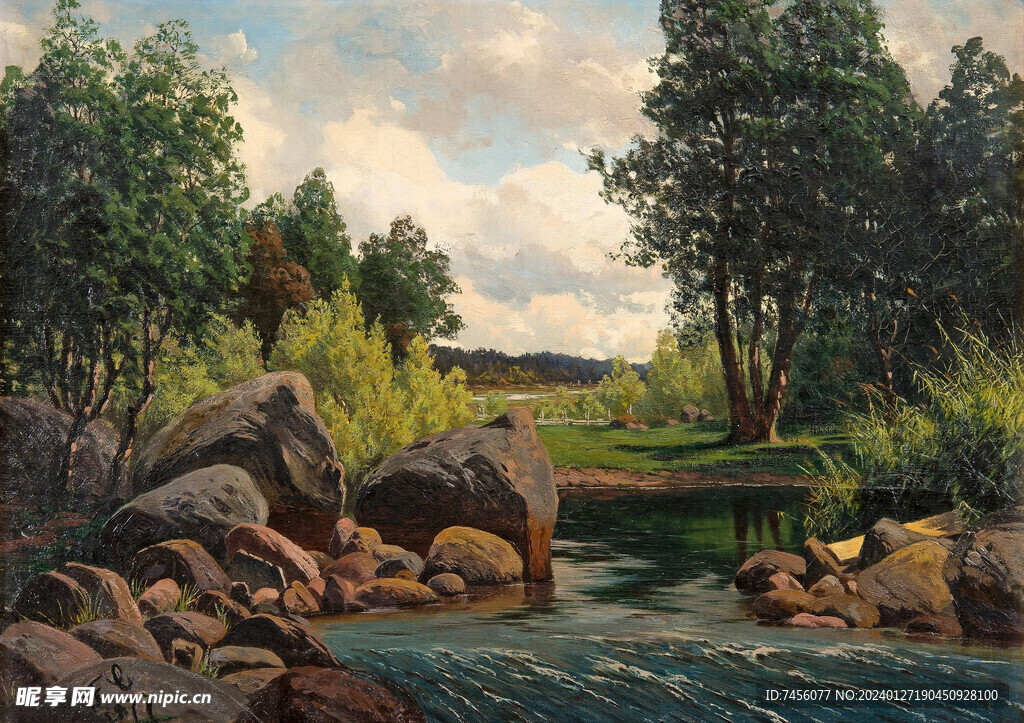 溪流水彩油画风景画