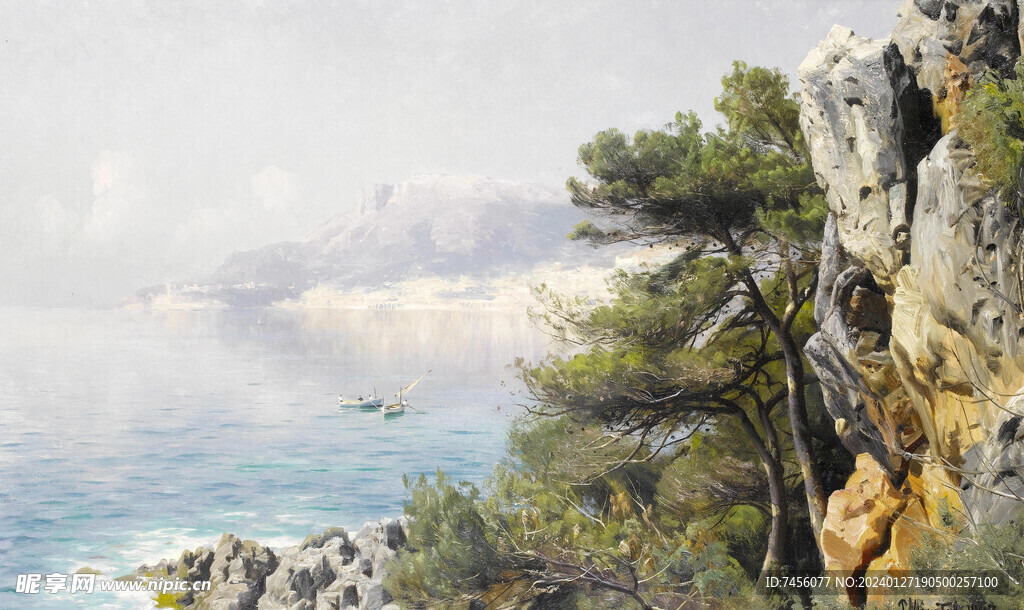山崖海景油画风景画