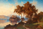 水彩树湖泊油画风景画