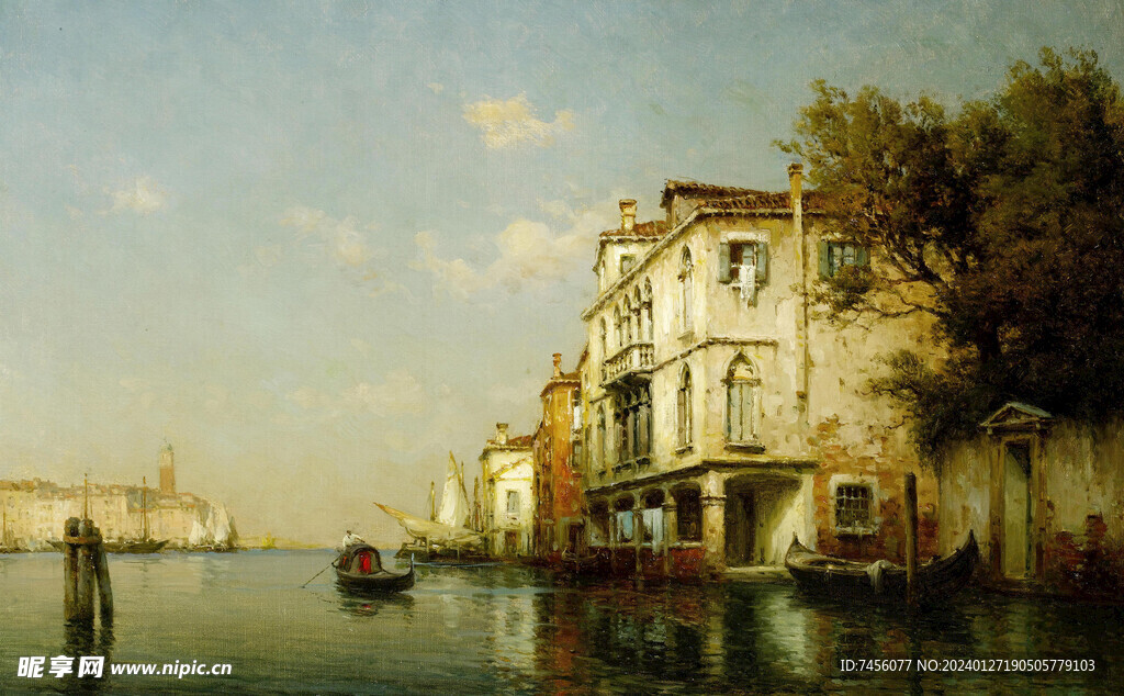 水上建筑油画风景画