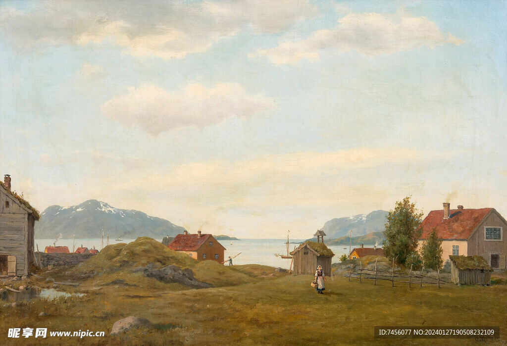 草地湖泊农房油画风景画
