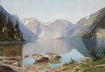 山峦湖畔油画风景画