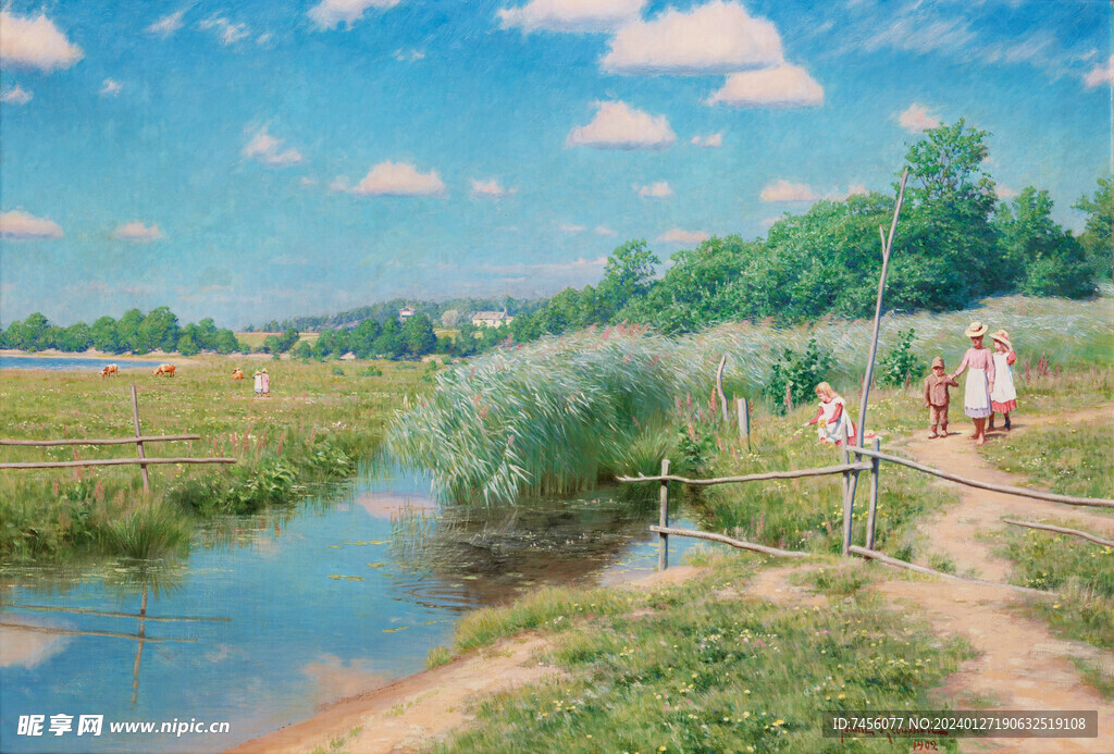 河流小路油画风景画