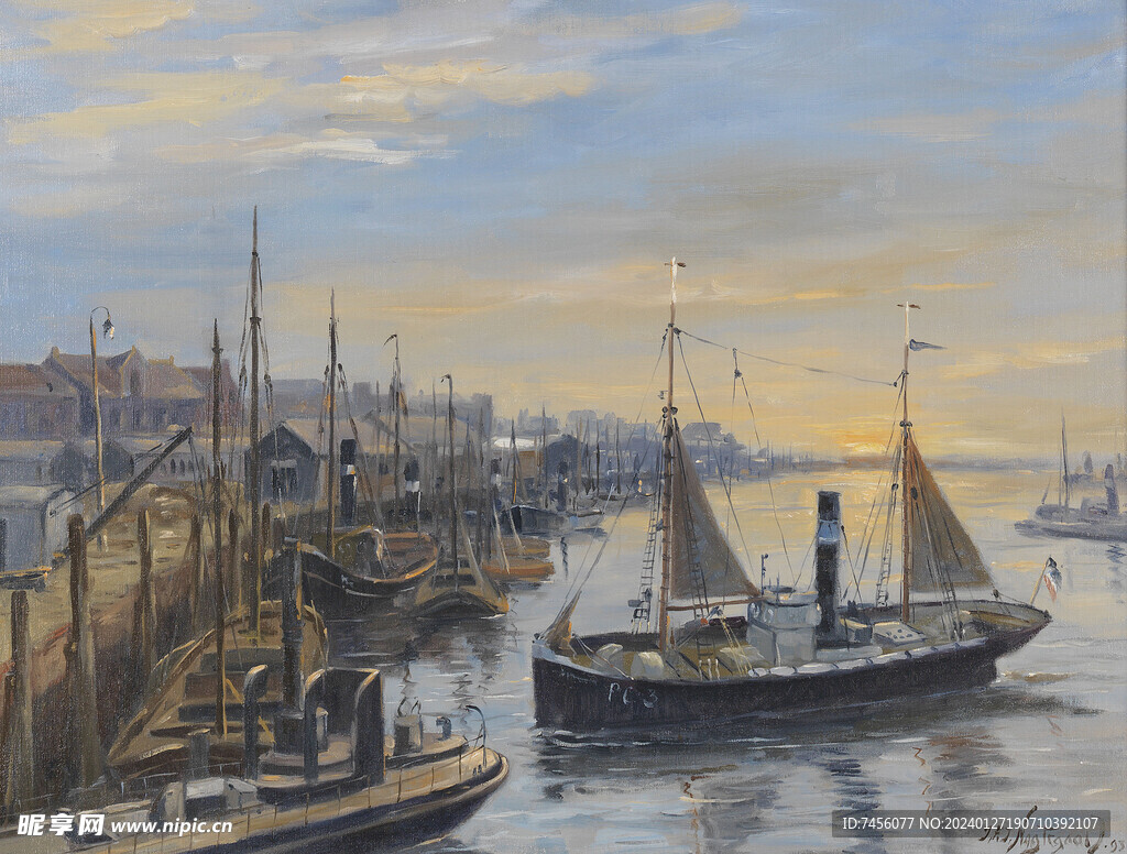 湖畔帆船油画风景画