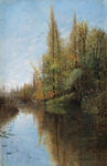 树林湖畔欧美油画风景画