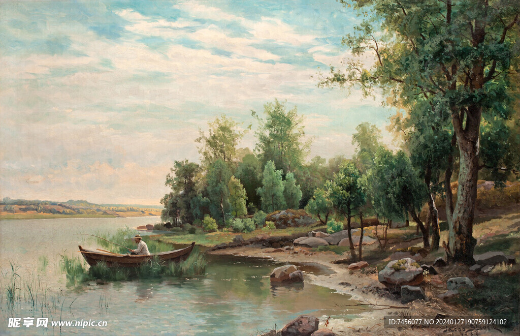 湖畔树林油画风景画