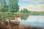 湖畔油画风景画