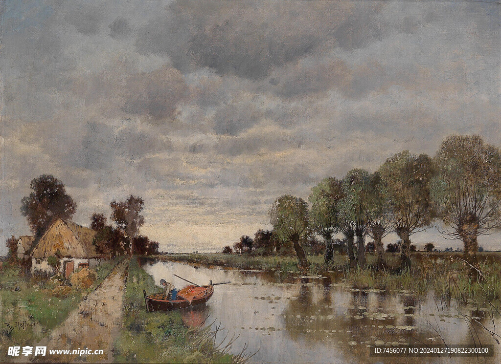 湖畔木船唯美风景画油画