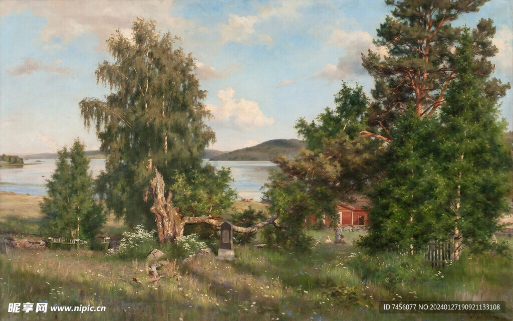 湖边房子大树风景画
