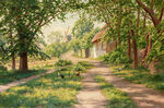 大树道路唯美油画风景画 