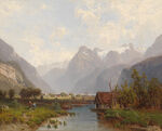 溪流山脉油画风景画