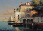 土楼岸边船油画风景画