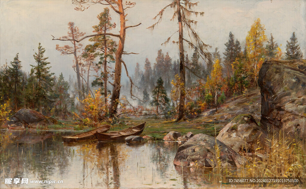 湖泊水彩树风景画油画
