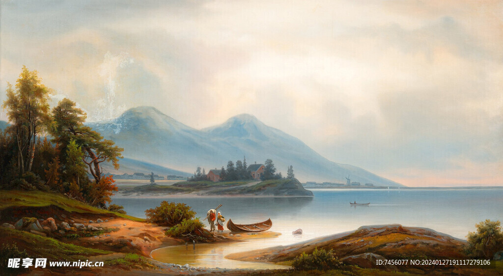 湖边大树油画风景画