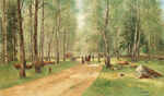 骑马道路树林风景画油画