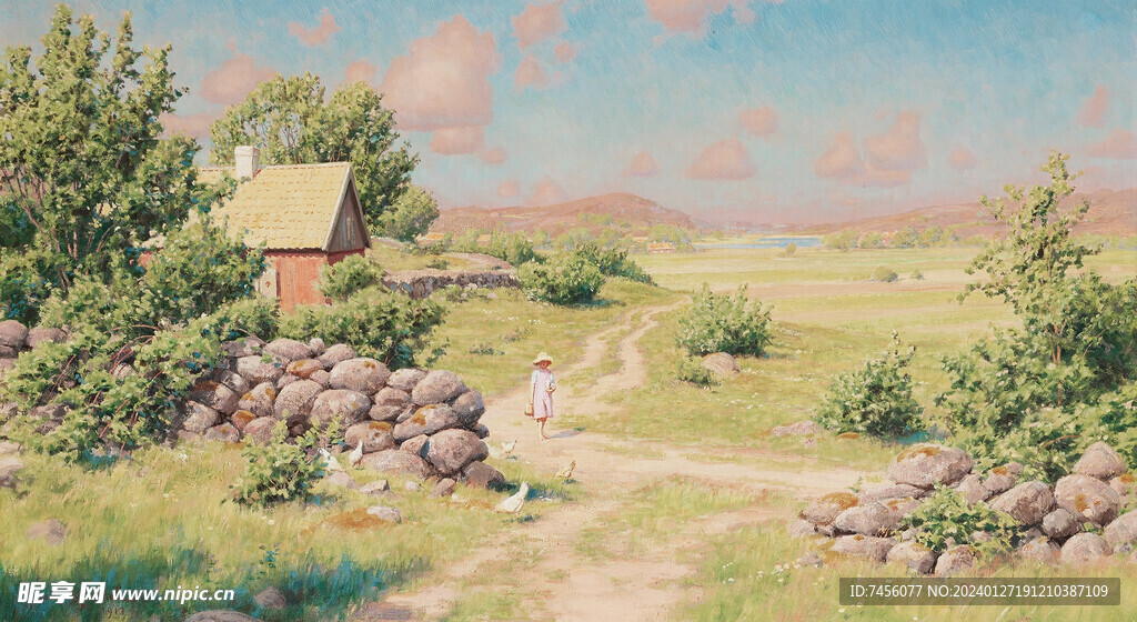 山路小孩唯美风景画油画
