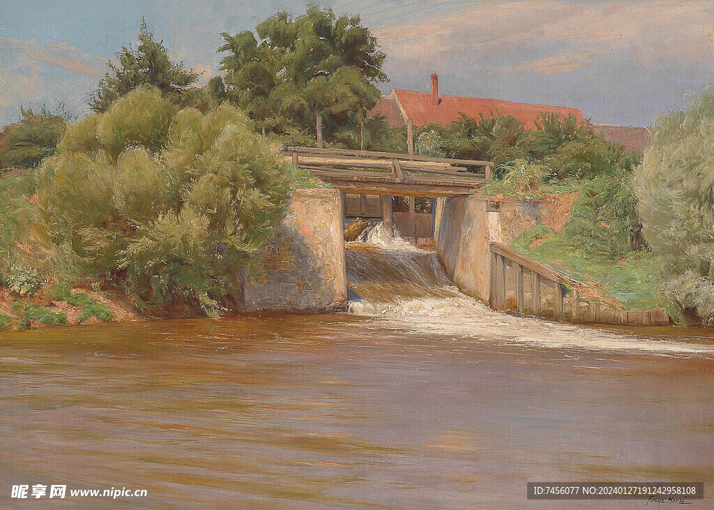 河流桥风景画油画