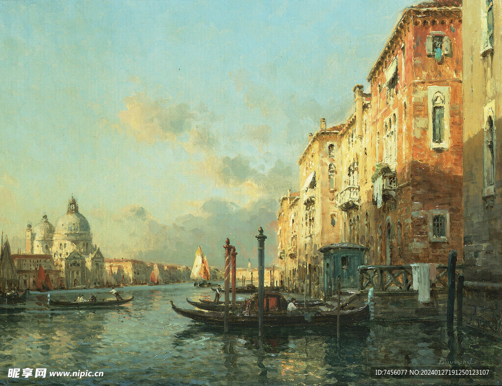 水上建筑木船风景画油画