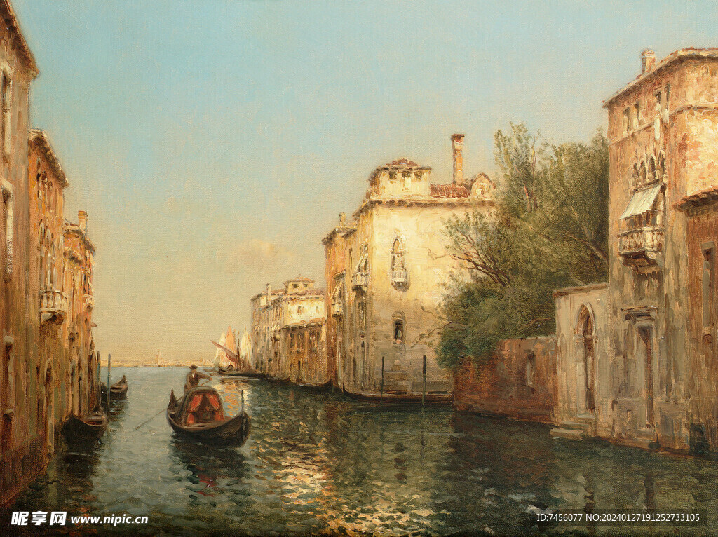 水上建筑油画风景画