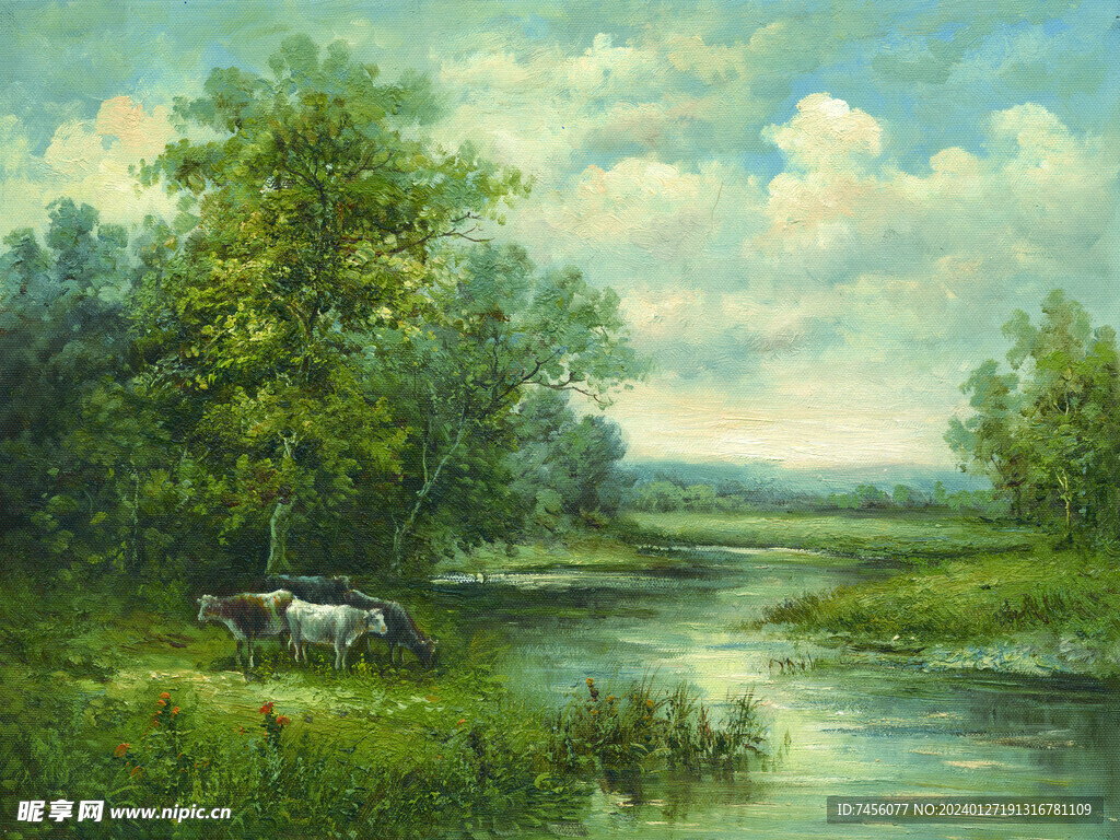小溪流树林油画风景画