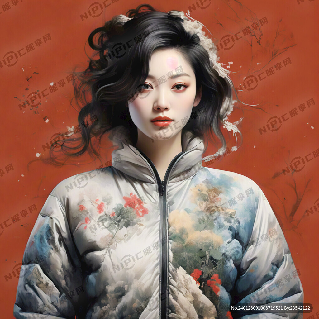 红色背景 女士 喜庆羽绒服