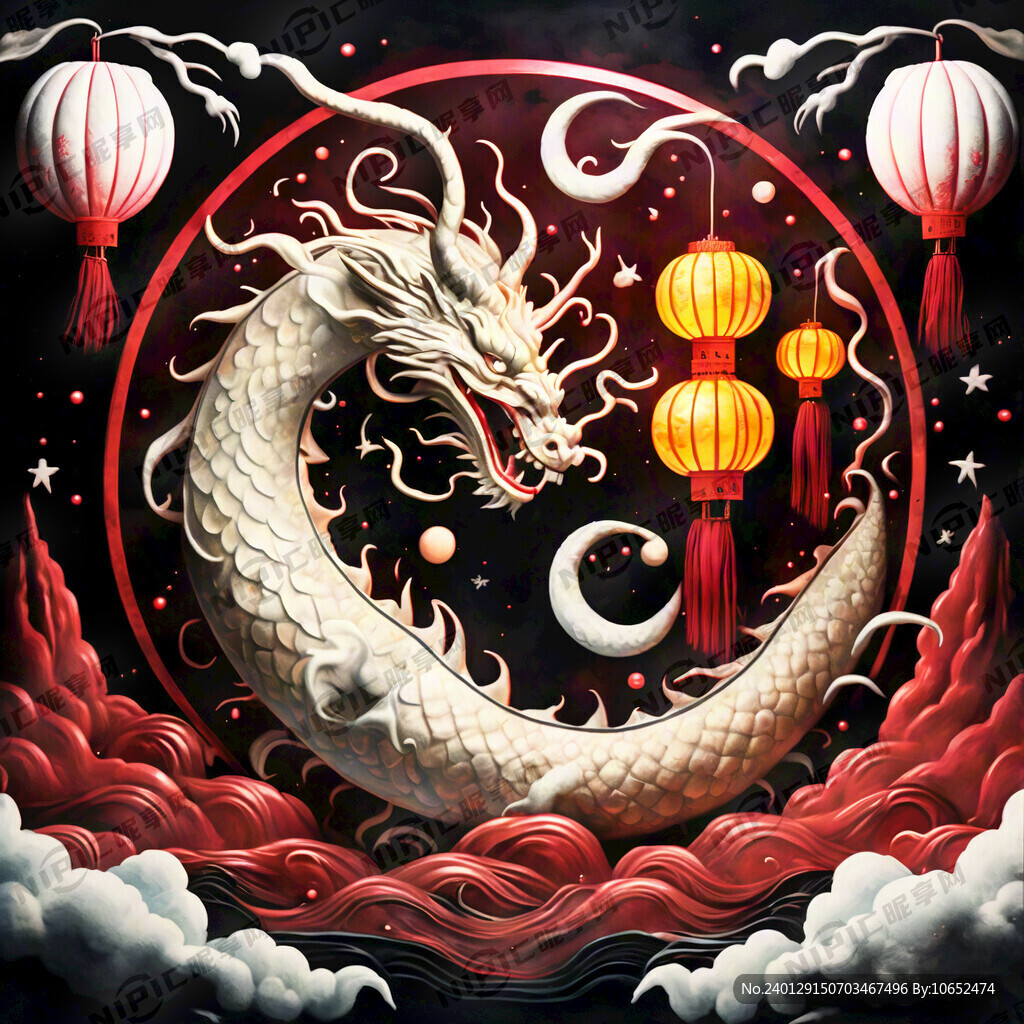 红底色 有元宵 有烟花 有云龙