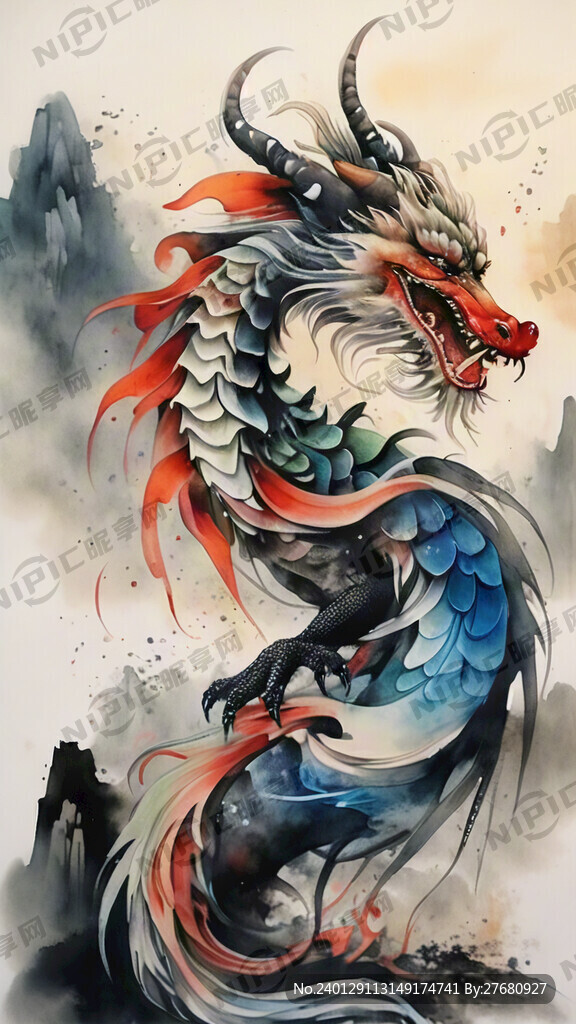 中国龙 温柔 祥云 盘旋 水墨