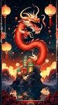 中国新年海报，除夕，龙年，喜庆，红色