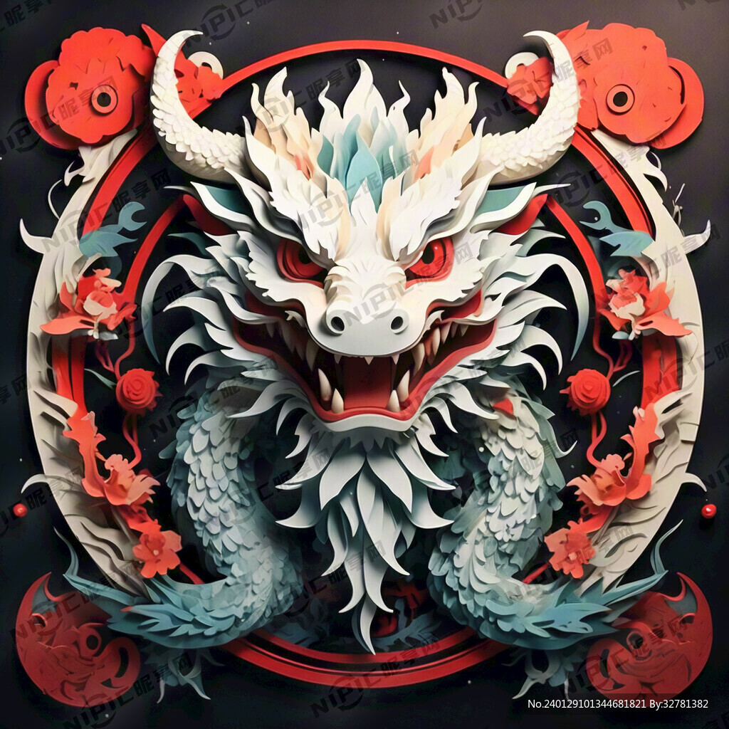 平面插图 剪纸工作 龙的图腾