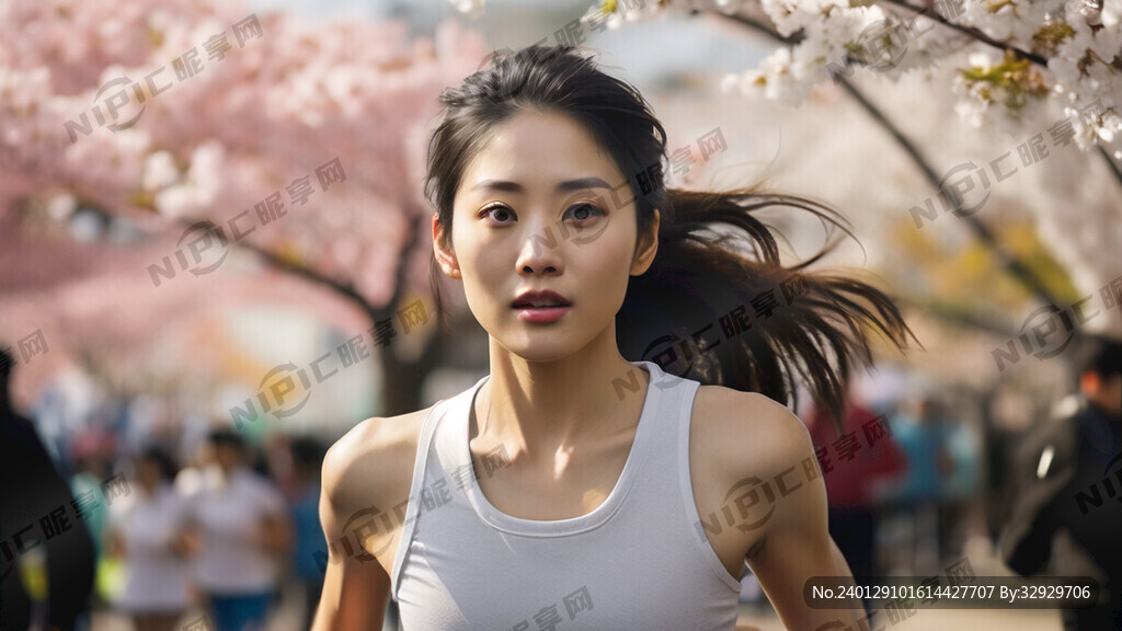 女子在樱花大道上跑步