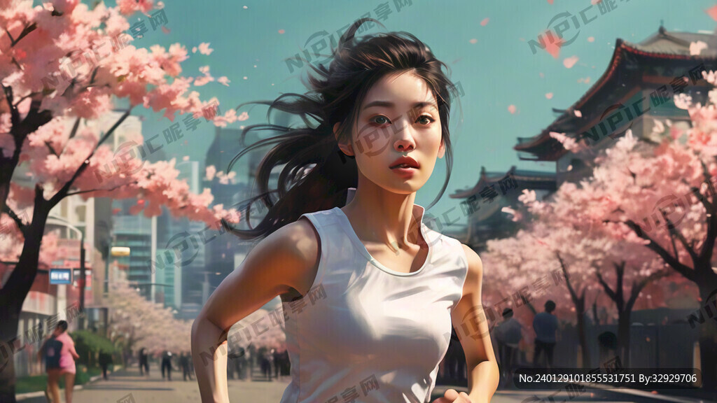 女子在樱花大道上跑步