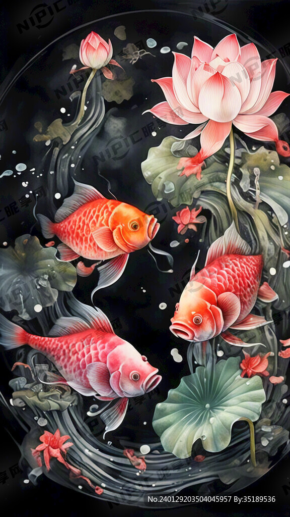 荷花九鱼图 山水画
