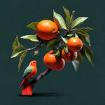 柑树  绿色果实  红色小鸟