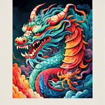 中国龙，正面，彩色国潮风插画，画面左右对称，细节清晰