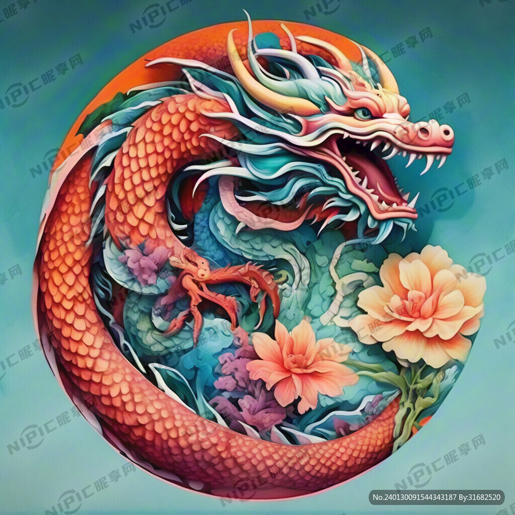 中国龙 正面 彩色国潮风插画