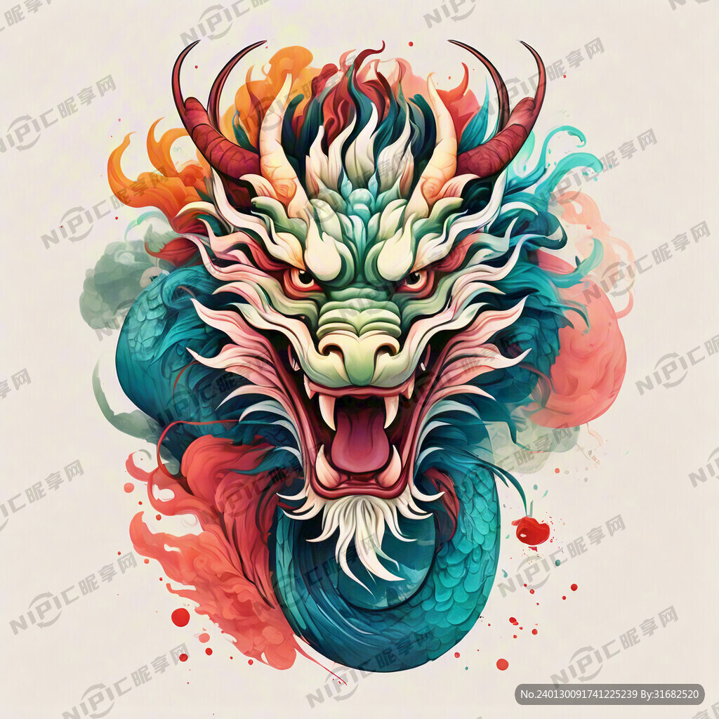 中国龙 正面 彩色国潮风插画