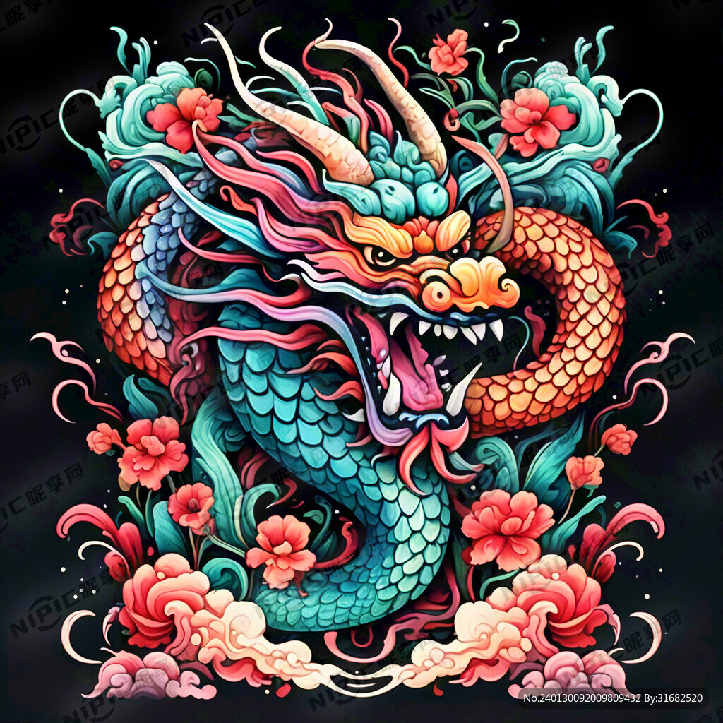 中国龙 正面 彩色国潮风插画