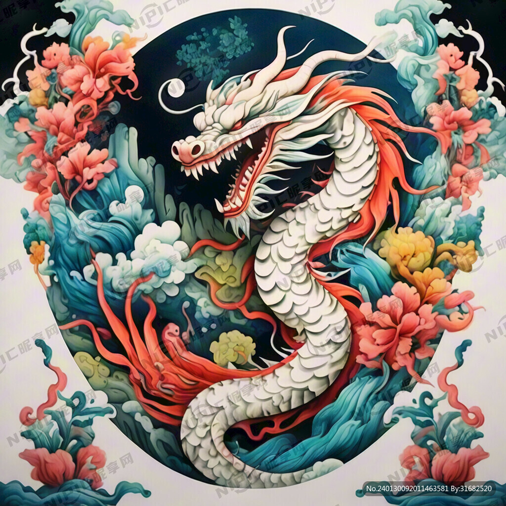 中国龙 正面 彩色国潮风插画