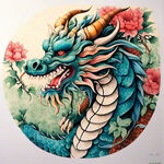 中国龙，正面，彩色国潮风插画，画面左右对称，细节清晰