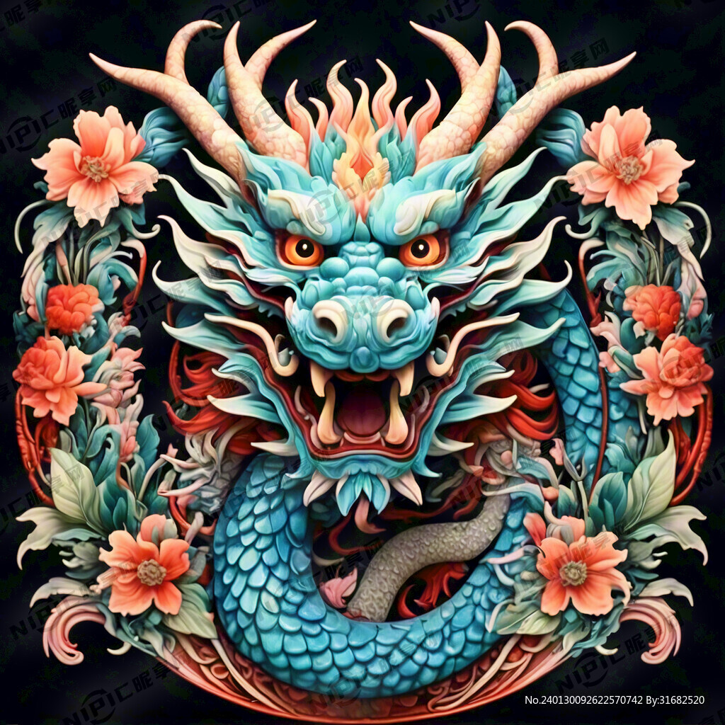 中国龙 正面 彩色国潮风插画