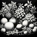黑白版画，在果园里，柚子芦柑桔子香蕉火龙果等各种水种组合的黑白版画