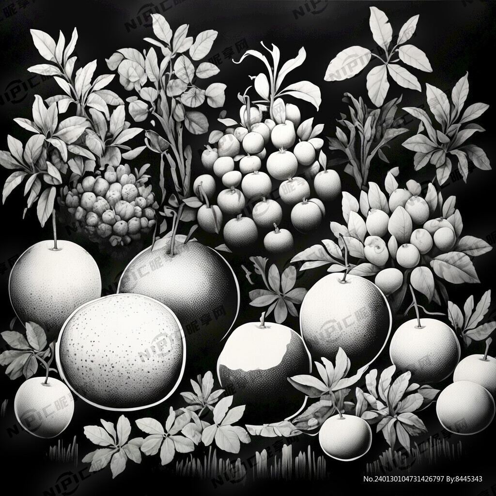 黑白版画 在果园里
